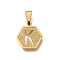 304 Stainless Steel Charms, Real 18K Gold Plated, Hexagon with Letter Charm, Letter K, 15x14x1.5mm, Hole: 3x5.5mm