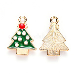 Colgantes de esmalte de aleación, para la Navidad, árbol de Navidad, la luz de oro, verde, 20x14.5x2mm, agujero: 1.8 mm