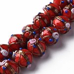 Chapelets de perles vernissées de sable d'or manuels, ronde avec des fleurs, rouge, 13~15x11~13mm, Trou: 1.6mm, Environ 45 pcs/chapelet, 20.47 pouce ~ 21.06 pouces (52 cm ~ 53.5 cm)