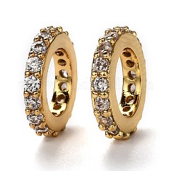 Perles européennes rondelles en laiton micro-pavé de zircone cubique, perles d'espacement à grand trou, Plaqué longue durée, véritable 18k plaqué or, clair, 10x1.8mm, Trou: 6mm