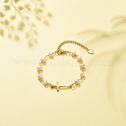 Bracciale a maglie incrociate in acciaio inossidabile 201 con catene di perle naturali per donna&nbsp;X-BJEW-JB08543
