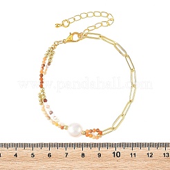 Braccialetti da donna con perline sfaccettate di pietre preziose naturali miste e catena a graffetta in ottone con perle naturali&nbsp;BJEW-JB14324