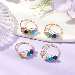 Anelli da dito da donna con perline rotonde con pietre preziose naturali avvolti in filo di rame&nbsp;RJEW-JR00751