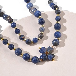 Colliers ronds à perles avec pendentif trèfle en sodalite naturelle et fermoirs en forme de cœur pour la Saint-Patrick&nbsp;NJEW-G202-02G-05