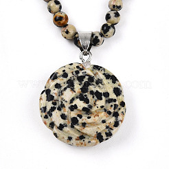 Colliers pendentifs en forme de fleur en perles rondes de 4.5 mm en jaspe dalmatien naturel&nbsp;NJEW-T016-04H