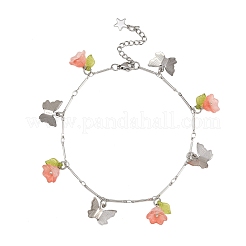 201 Edelstahl Schmetterling & sprühlackierte Glasblume Charm Messing Bar Gliederkette Fußkettchen&nbsp;AJEW-AN00736-03
