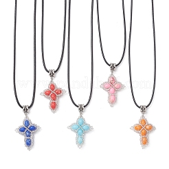 Collares de cordón de algodón encerado negro con colgante de cruz de jaspe imperial sintético teñido con cuentas de vidrio.&nbsp;NJEW-MZ00138