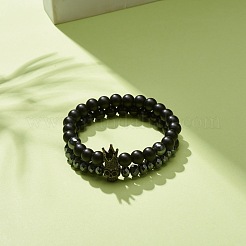 2 pz 2 bracciali elastici in ematite sintetica e pietra nera e ossidiana naturale con teschio in zirconia cubica&nbsp;BJEW-JB08120-03