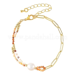 Braccialetti da donna con perline sfaccettate di pietre preziose naturali miste e catena a graffetta in ottone con perle naturali&nbsp;BJEW-JB14324