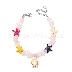 Armbänder-Sets mit natürlichen Rosenquarzsplittern und Seesternperlen sowie synthetischen türkisfarbenen Schildkröten-Charms&nbsp;BJEW-JB12405-03
