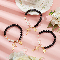 Bracelet extensible en perles rondes en obsidienne naturelle sans yeux et turquoise synthétique&nbsp;BJEW-PH01531-03