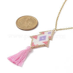 Losange fait à la main motif de métier à tisser pendentifs de graines de verre colliers avec gland&nbsp;NJEW-MZ00012