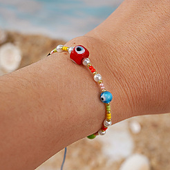 Braccialetti estivi con perline intrecciate rotonde e in vetro anti-malocchio&nbsp;WZ1840
