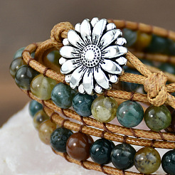Braccialetti avvolgenti regolabili da donna con perline rotonde in agata indiana naturale e fiore in lega.&nbsp;WGB06FC-01