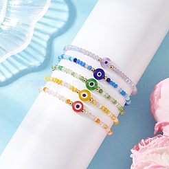 Bracelets extensibles faits à la main en verre et en perles de verre avec motif mauvais œil pour femmes&nbsp;BJEW-JB12510