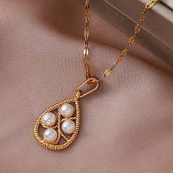 Collane vintage europee con pendente a goccia in acciaio inossidabile 304 e perle artificiali per donna&nbsp;NU2800