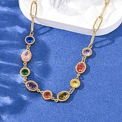 Collane a catena piatta e ovale con zirconi cubici colorati in acciaio inossidabile 304 per donna&nbsp;NJEW-A051-06G