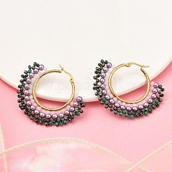 Orecchini a cerchio con ventaglio in acciaio inossidabile 304 e perline bohémien per donna&nbsp;EJEW-R001-01G-02