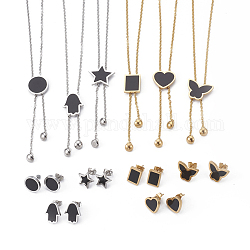 304 Stainless Steel Jewelry Sets, with Resin, Pendant Necklaces and Stud Earrings, Mixed Shapes, Black, Mixed Color, 17.71 inch~18.66 inch(45~47.4cm), 2mm, 11~15.5x8.5~16.5mm, Pin: 0.6mm
