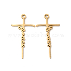 Ion Plating(IP) 304 Stainless Steel Pendants, Laser Cut, Cross with Word Grace Charm, Real 18K Gold Plated, 39x20x1mm, Hole: 2.5mm
