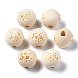 Perle europee di legno naturale non finito, perline con foro grande, motivo inciso al laser, tondo con volpe, vecchio pizzo, 15~16x14~15mm, Foro: 4 mm