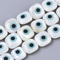 Perles de coquillages naturels d'eau douce, avec l'émail, carré avec mauvais œil, bleu ciel, 10x10x4mm, Trou: 0.8mm