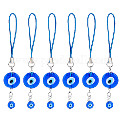 Flache runde handgemachte Böse Augen Bunte Malerei-Anhängerdekoration, mit Nylon-Handyband, für Autozubehör zum Aufhängen, Blau, 103 mm, 6 Stück / Set