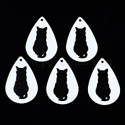 スプレープリントアイアン製ペンダント  ラバー加工スタイル  3dプリント  猫のプリント模様  ティアドロップ  ホワイト  27.5x18x0.5mm  穴：1.2mm