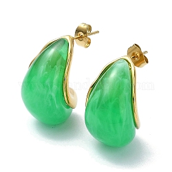 Ion Plating(IP) Golden 304 Stainless Steel Teardrop Stud Earrings, Half Hoop Earrings with Resin, Spring Green, 24x15mm