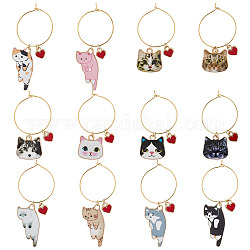 BENECREAT 12 Pcs 12 Style Cat Theme Alloy Enamel Wine Glass Charms, Goblet Marker, with Brass Wine Glass Charm Rings, Golden, 47~60mm, 1pc/style