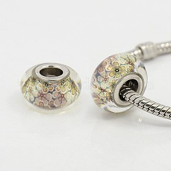 Glass European Beads, Large Hole Beads, with Platinum Color Brass Double Cores, Rondelle with Pattern, Antique White, 14~14.5x8mm, Hole: 5mm