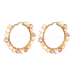 Boucles d'oreilles vintage en perles de perles naturelles pour fille femme, Créoles en 304 acier inoxydable, or, blanc, 47~49.5x52x8mm, pin: 0.8 mm