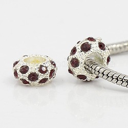 Perline europeo rhinestone  in lega, perline con foro grande, rondelle, colore argento placcato, corallo rosso scuro, 11x6mm, Foro: 5 mm