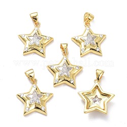 Brass Micro Pave Clear Cubic Zirconia Pendants, Long-Lasting Plated, Star, Real 18K Gold Plated, 19x17x4.5mm, Hole: 5x3mm