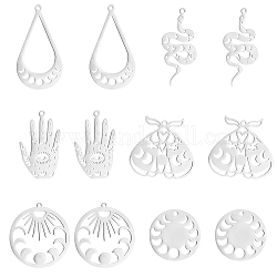 DICOSMETIC 12Pcs 6 Style 201 Stainless Steel Pendants, Laser Cut, Mixed Shape, Stainless Steel Color, 23~39x18~30x1mm, Hole: 1.4~1.6mm, 2pcs/style