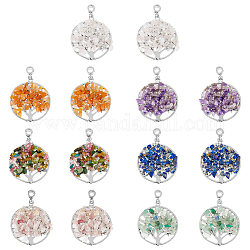 SUPERFINDINGS 14Pcs Alloy Tree of Life Pendants 7 Styles Quartz Gemstone Pendants Natural Mixed Stone Chip Beads Dangle Charms for Necklace Bracelet Jewelry Making,Hole:4~5mm