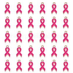 Pendente smaltati in lega, forma di nastro rosa per la consapevolezza del cancro al seno di ottobre, placcato oro chiaro, rosa intenso, 20x10x2mm, Foro: 2 mm