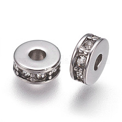 304 Stainless Steel Beads, with Cubic Zirconia, Flat Round, Clear, Antique Silver, 7x3mm, Hole: 2.5mm