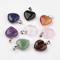 Ciondoli di pietra misti, cuore, con accessori di ottone, platino, 22~23x20~20.5x6~7.5mm, Foro: 5x8 mm