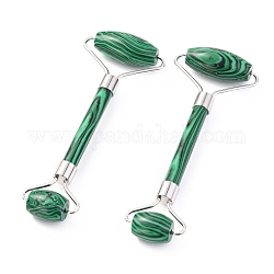 Synthetic Malachite Brass Face Massager, Facial Rollers, Platinum, 142~150x54~58x19~22mm
