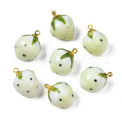 Handmade Porcelain Pendants, with Golden Plated Brass Findings, Famille Rose Style, 3D Strawberry, Lemon Chiffon, 18~20x13.5~15mm, Hole: 1.6mm