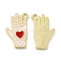 Colgantes de esmalte de aleación, mano con patrón de corazón, Platino, dorado, rubor lavanda, 21.5x14x1.5mm, agujero: 1.6 mm