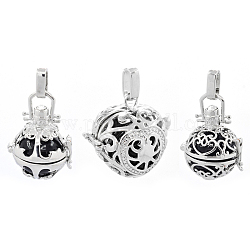 Mixed Styles Brass Cage Pendants, Chime Ball Pendants, with Brass Spray Painted Black Beads, Lead Free & Nickel Free & Cadmium Free, Platinum, 26~30x23~28x19~24mm, Hole: 7x3mm