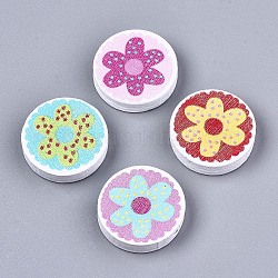Printed Wood Beads, Dyed, Flat Round with Flower Pattern, Mixed Color, 22x5mm, Hole: 1.6mm, about 450pcs/500g