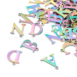 Chapado iónico (ip) 304 encantos de acero inoxidable, Corte con laser, alfabeto, color del arco iris, letras mezcladas al azar, 12~12.5x5~14x0.7~1mm, agujero: 1 mm