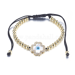 Bracelets de perles tressés en laiton réglables, avec cordon en nylon, liens coquille et micro pavés de zircone cubique, sans plomb et sans cadmium, croix, or, 1-3/4 pouces (44 mm)