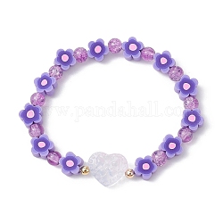 Bracelets extensibles en argile polymère à fleurs faits à la main, Bracelets en perles de cœur en verre craquelé pour femmes, lilas, diamètre intérieur: 2-1/8 pouce (5.3 cm)