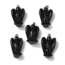 Natural Obsidian Pendants, Angel Charms with Platinum Plated Alloy Snap on Bails, 31~31.5x17~18x12mm, Hole: 7.5x4mm