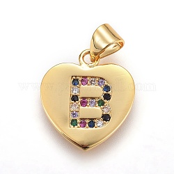 Ottone micro spianare pendenti zirconi, cuore con la lettera, colorato, letter.b, 17x15x1.5mm, Foro: 3.5x4.5 mm