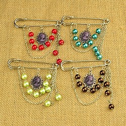 Fashion Tibetan Style Brooches, with Glass Pearl Beads, Resin Cabochons, Iron Chains and Iron Kilt Pins, Mixed Color, 85mm